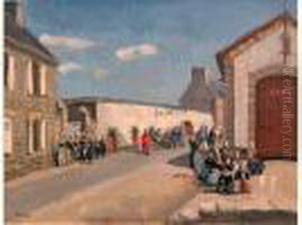  Rue De Port En Bretagne Avec Bretonnes En Habit Traditionnel  Oil Painting by Edmond Ceria