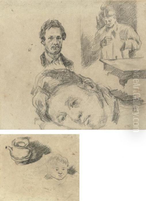 Page Of Studies, Including 
Madame Cezanne Sewing (recto); Head Ofthe Artist's Son, And Kettle 
(verso) Oil Painting by Paul Cezanne