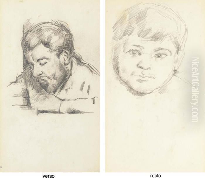 Emile Zola Lisant (recto); Tete De Paul Cezanne Fils (verso) Oil Painting by Paul Cezanne