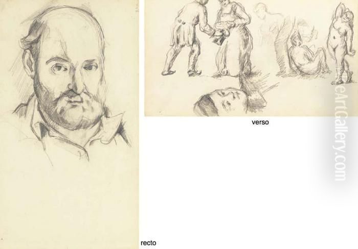 Autoportrait (recto); Trois 
Etudes: Tete De Paul Cezanne Fils, Rencontre D'une Femme Et D'un Homme 
Et Trois Baigneuses (verso) Oil Painting by Paul Cezanne