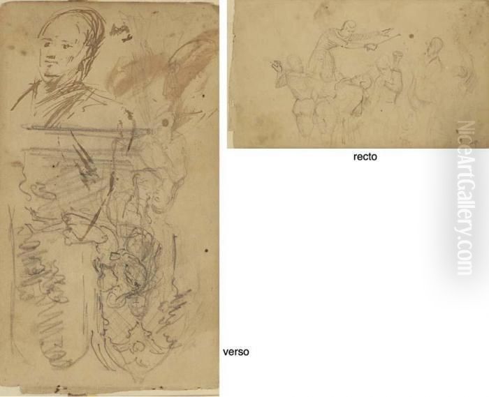 Les Musiciens (recto); Etudes: 
Personnage Devant Des Arches Gothiques, Portrait De Marie, Soeur De 
L'artiste Et Buste D'homme (verso) Oil Painting by Paul Cezanne