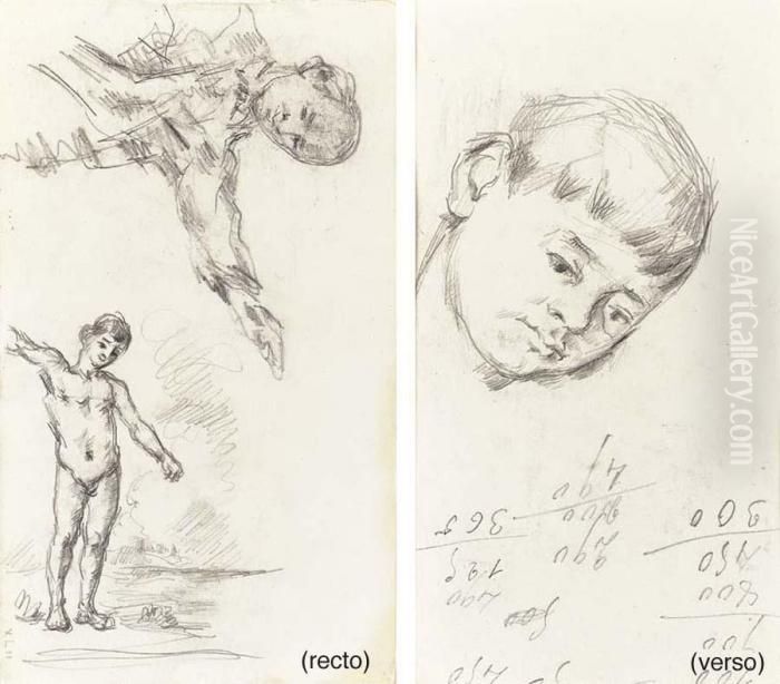 Baigneur Les Bras Etendus (recto); Tete Du Jeune Baigneur, Nombres (verso) Oil Painting by Paul Cezanne