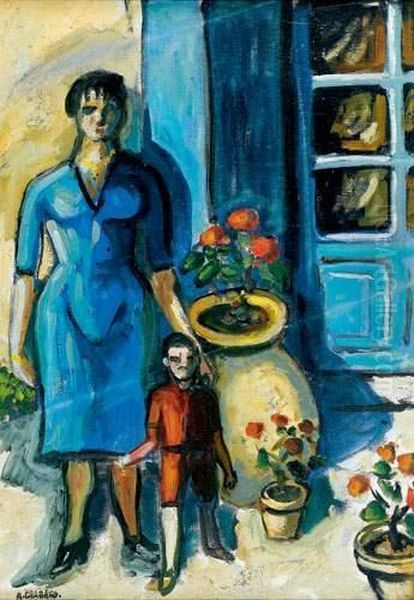 Femme Et Enfant Devant La Porte Du Mas, Vers 1925 Oil Painting by Auguste Chabaud