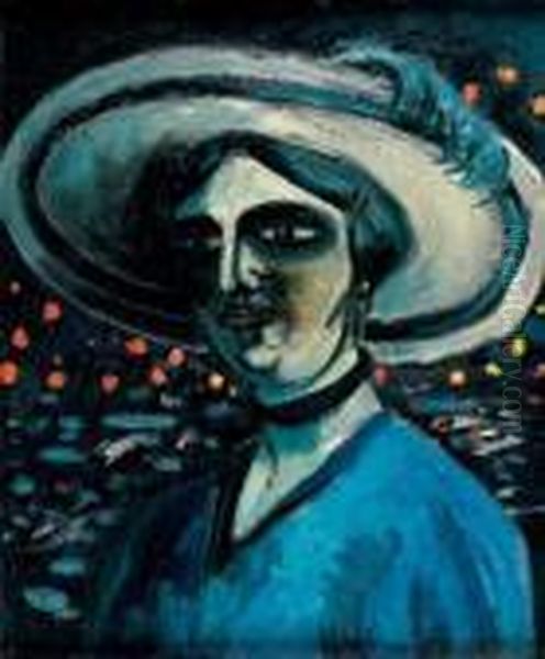 Femme A La Plume Bleue Oil Painting by Auguste Chabaud