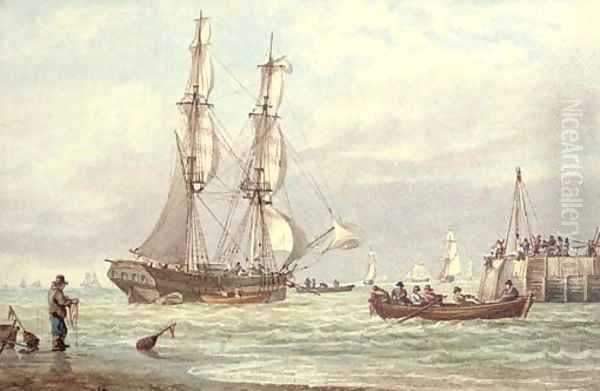 Brig off Yarmouth Harbour, Isle of Wight Oil Painting by William Joy