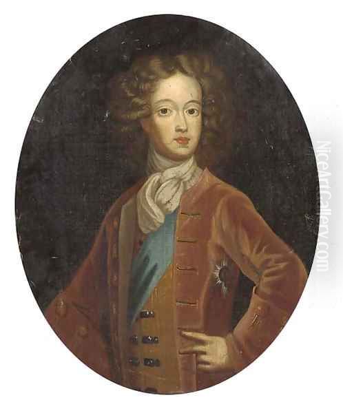 Portrait of a gentleman, half-lenght, wearing the Knight of the Garter, in a red jacket and white cravat Oil Painting by Charles Jervas