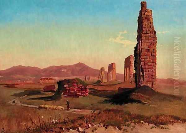 A shepherd with his sheep by a ruined aquaduct on the Roman Campagna Oil Painting by Holger Hvitfeldt Jerichau