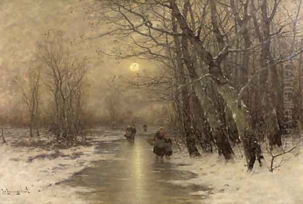 Peasants on a frozen waterway in winter Oil Painting by Johann Jungblutt