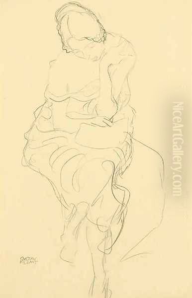 Auf einem Hocker Sitzende von vorne Oil Painting by Gustav Klimt