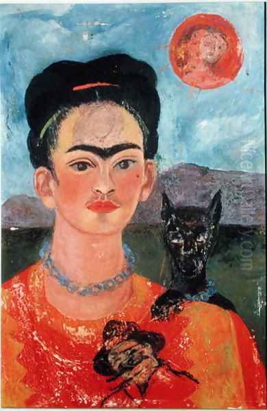 Self Portrait with Itxcuintli Dog and Sun Oil Painting by Frida Kahlo