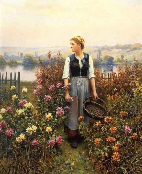 Girl With A Basket In A Garden Oil Painting by Daniel Ridgway Knight