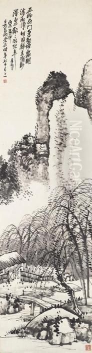 Willow Trees And Huts Oil Painting by Wu Changshuo