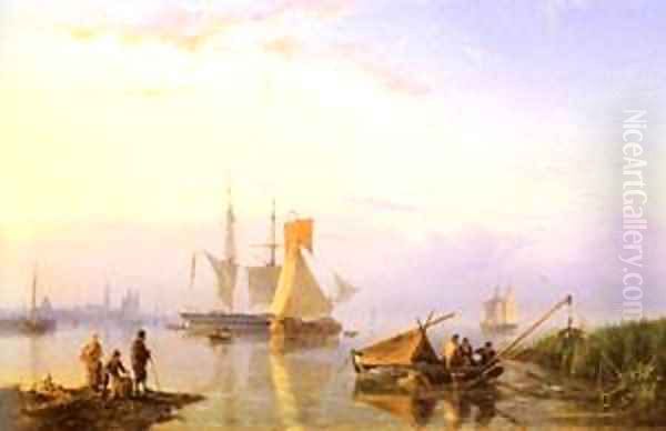 Shipping In A Calm Amsterdam Oil Painting by Barend Cornelis Koekkoek