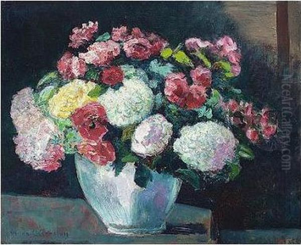 Bouquet D'hortensias Et De 
Roses, Signed, Oil On Canvas, 60 By 72 Cm., 23 1/2 By 28 1/4 In Oil Painting by Victor Charreton
