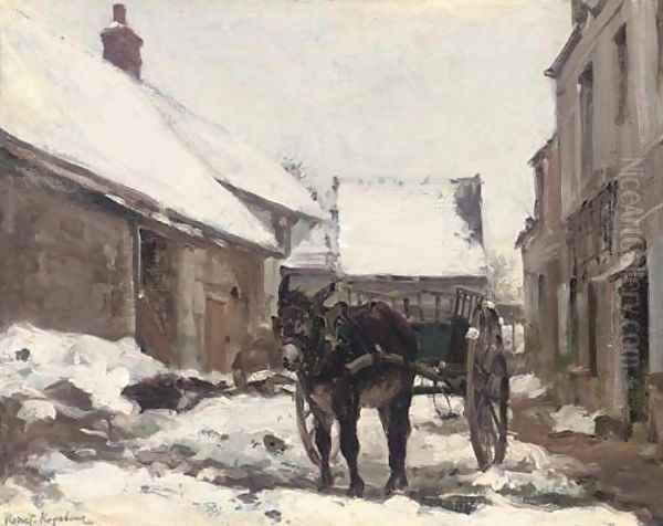 A donkey and cart at a farmhouse in winter Oil Painting by Konstantin Alexeievitch Korovin