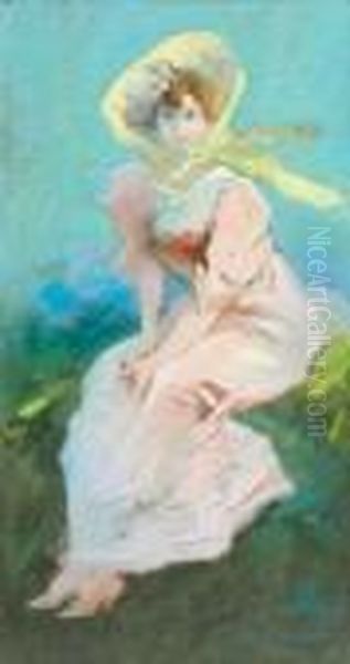 Elegante A La Campagne
 Pastel, Signe En Bas A Droite. Oil Painting by Jules Cheret