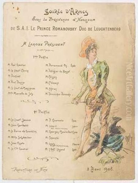 Programme D'une Soiree D'armes, Donnee Sous La Presidence D'honneur
 De Son Altesse Imperiale Le Prince Romanovski, Duc De Leuchtenberg.
 Prefecture De Nice, 3 Avril 1908. Oil Painting by Jules Cheret