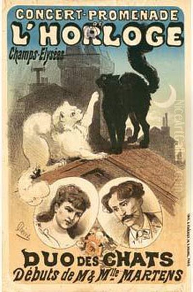 Concert-promenade De L'horloge /
 Champs Elysees / Duo Des Chats / Debuts De M. & Mlle Martens. 1876.
 Affiche D'interieur. Oil Painting by Jules Cheret