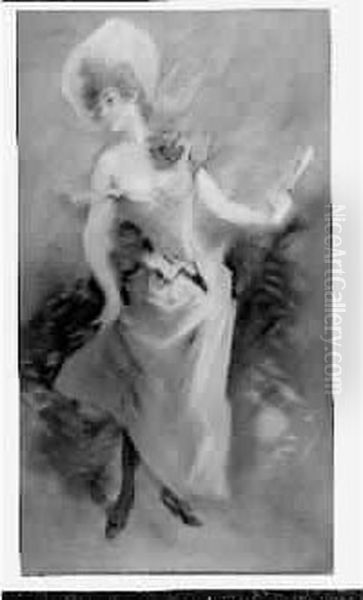 Elegante A L'eventail. Pastel Oil Painting by Jules Cheret