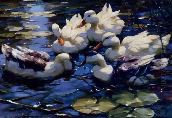 Five Ducks In A Pond Oil Painting by Willem Koekkoek