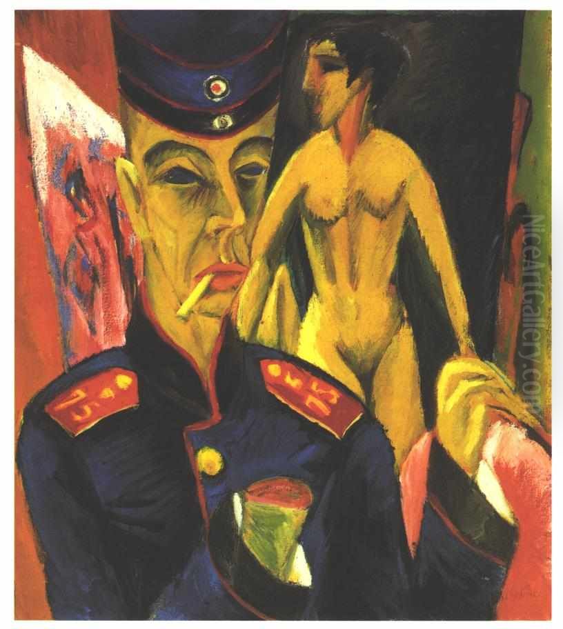 Self-portrait as a soldier Oil Painting by Ernst Ludwig Kirchner