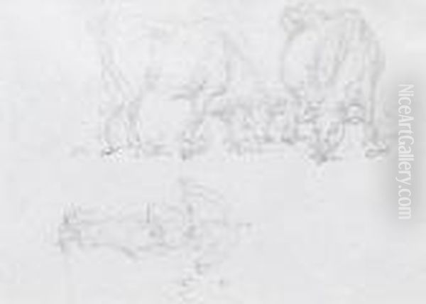 Study Of Two Cows And A Figure Carrying An Umbrella 
 Inscribed In Shorthand Oil Painting by George Chinnery