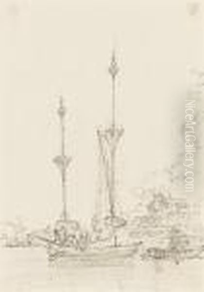 A View Of St Joseph's Church 
From The Quayside, Macau; Sampans Atanchor Beside The Entrance To Ma Kok
 Temple; A Residence In Macau,said To Be That Of William Jardine Oil Painting by George Chinnery