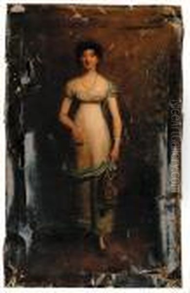 Portrait Of A Lady, Small 
Full-length, In A White Dress And A Blueshawl, Holding A Basket Standing
 In A Garden Oil Painting by George Chinnery