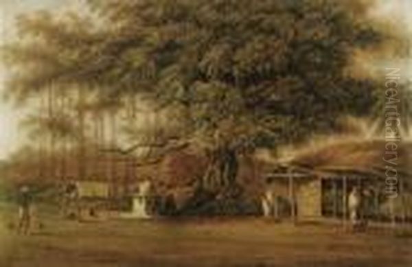 A Banyan Tree With A Watercarrier In The Foreground Oil Painting by George Chinnery