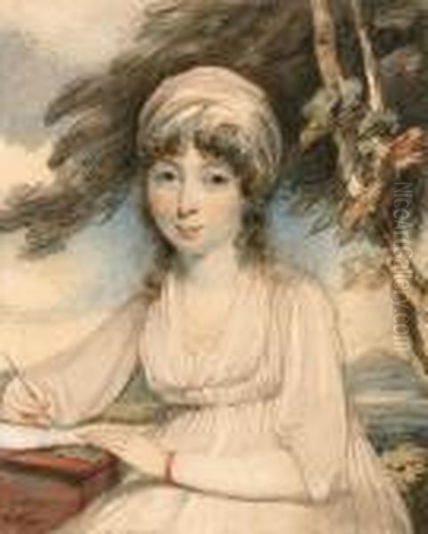 Portrait Of A Young Lady, 
Three-quarter-length In A White Turban,wearing A White Dress Holding A 
Pen In Her Right Hand, Seated In Awooded Landscape Oil Painting by George Chinnery