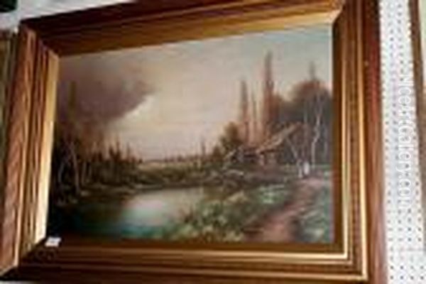 Rural Village Scene With 
Buildings And Figures Beside A Pond, Sheep Grazing In The Mid Distance, 
On Canvas Oil Painting by Nils Hans Christiansen