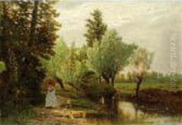 Jeune Femme Lisant Sur Les Bords
 D'une Riviere [, Reading By The River, Oil On Canvas, Signed, Dated 
'78.] Oil Painting by Guglielmo Ciardi