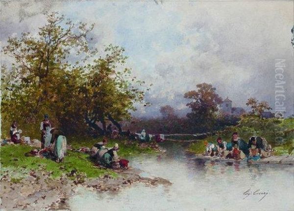 Les Lavandieres Oil Painting by Eugene Ciceri