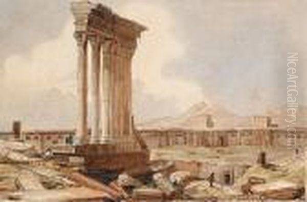 Colonnes Du Temple Jupiter A Baalbeck, Liban. Oil Painting by Eugene Ciceri