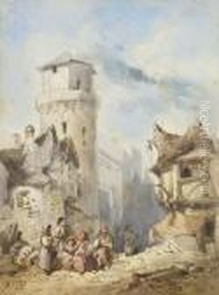 Personnages A L'entree D'une Ville Medievale Oil Painting by Eugene Ciceri