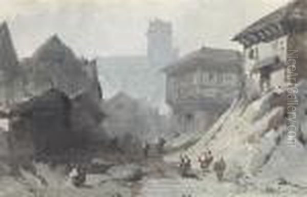 A View Of An Alpine Town Oil Painting by Eugene Ciceri