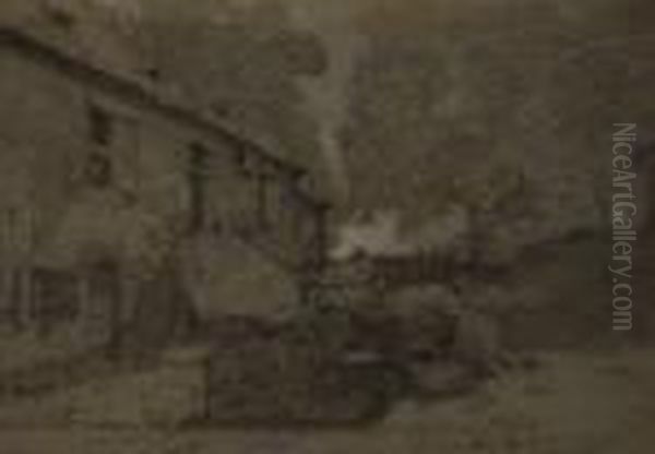 Silhouette Au Bord Du Puits
 Dessin A La Craie Noire Rehaussee De Blanc Sur Papier Bleu, Signe En Bas A Gauche : Eug. Ciceri. Oil Painting by Eugene Ciceri