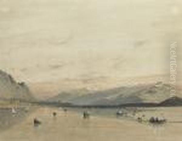 An Extensive Landscape With Pleasure Boats On A Lake, Mountains Seen Beyond Oil Painting by Eugene Ciceri