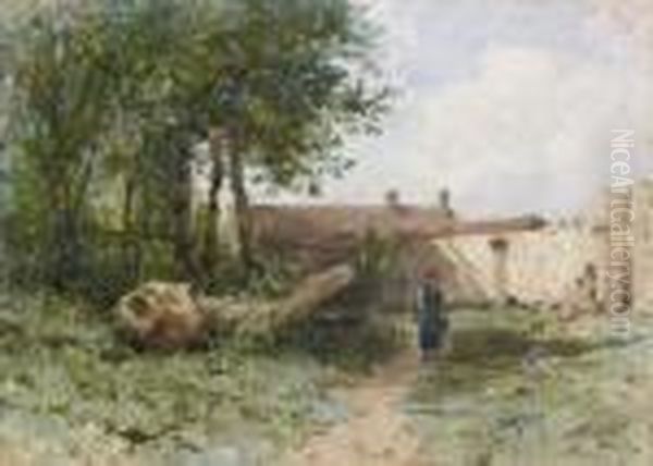  Paysanne Pres Des Murs D'une Ferme  Oil Painting by Eugene Ciceri