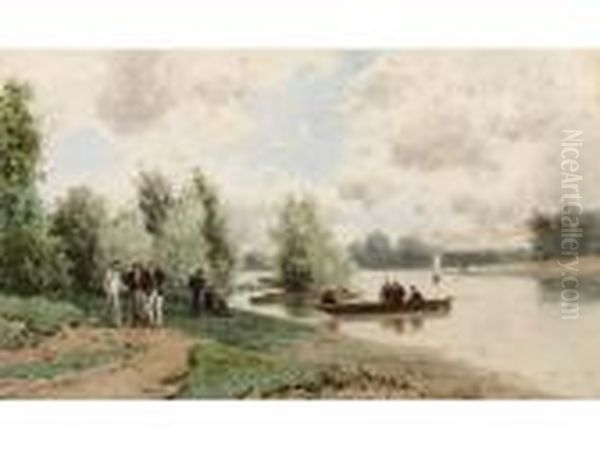 < Promeneurs En Barqueau Bord Du Oil Painting by Eugene Ciceri