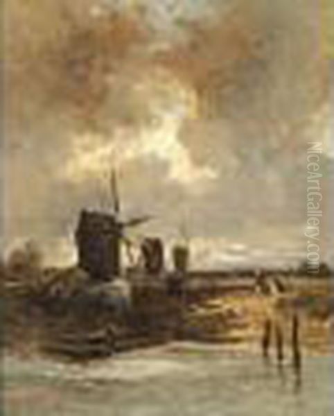 Le Passage Du Bac Presdes Moulins Oil Painting by Eugene Ciceri