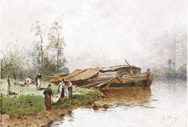 Lavandieres Et Pecheurs Au Bord D'une Riviere Oil Painting by Eugene Ciceri