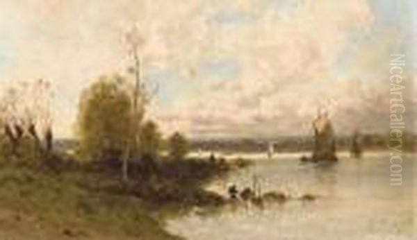 Estuaire Avec Voiliers Et Pecheurs Oil Painting by Eugene Ciceri
