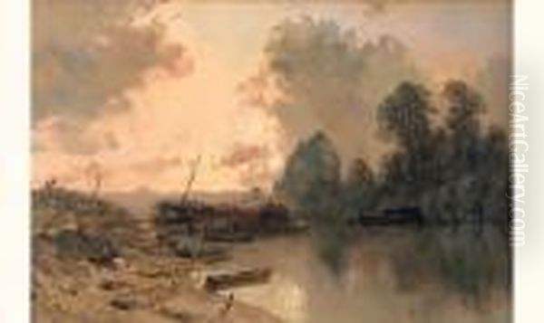 Peniches Amarrees Oil Painting by Eugene Ciceri