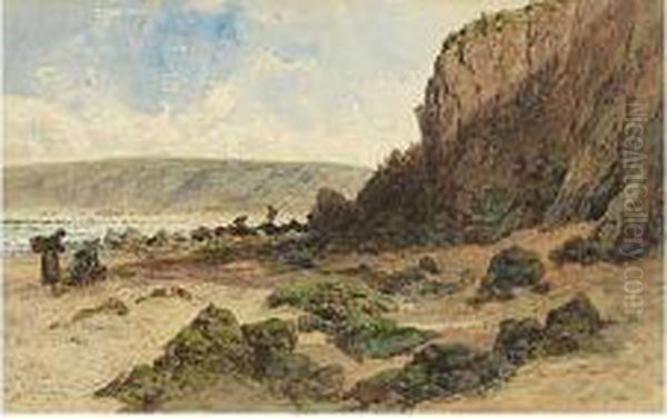 Clamdiggers On A Coast, Beneath Cliffs Oil Painting by Eugene Ciceri