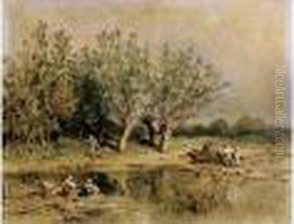 Lavandieres Et Paysans Aupres De La Mare Oil Painting by Eugene Ciceri