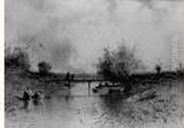 Lavandieres Et Pecheurs Au Bord D'une Riviere Oil Painting by Eugene Ciceri