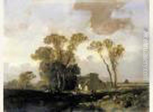 Chaumieres Sous Les Arbres (baie Du Mont-saint-michel). Oil Painting by Eugene Ciceri