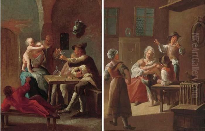 A Mother And Child With Other 
Figures Around A Table In An Interior; And A Family In An Interior Oil Painting by Giacomo Francesco Cipper