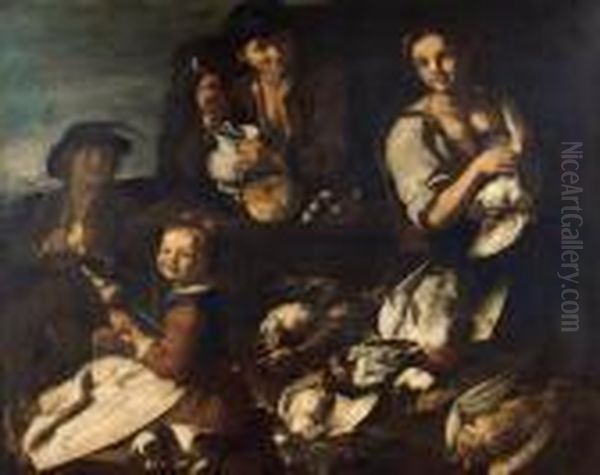 Il Mercato Della Cacciagione: La
 Venditrice Con Un Fumatore Dipipa, Una Bimba Ed Un Ragazzino Con Un 
Tozzo Di Pane Oil Painting by Giacomo Francesco Cipper